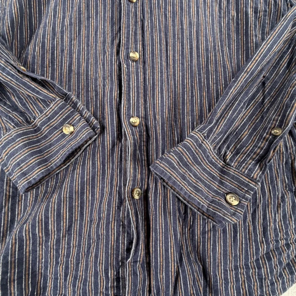 Banana Republic Mens L Slim Fit Untucked Shirt Blue Stripe Linen Cotton Blend